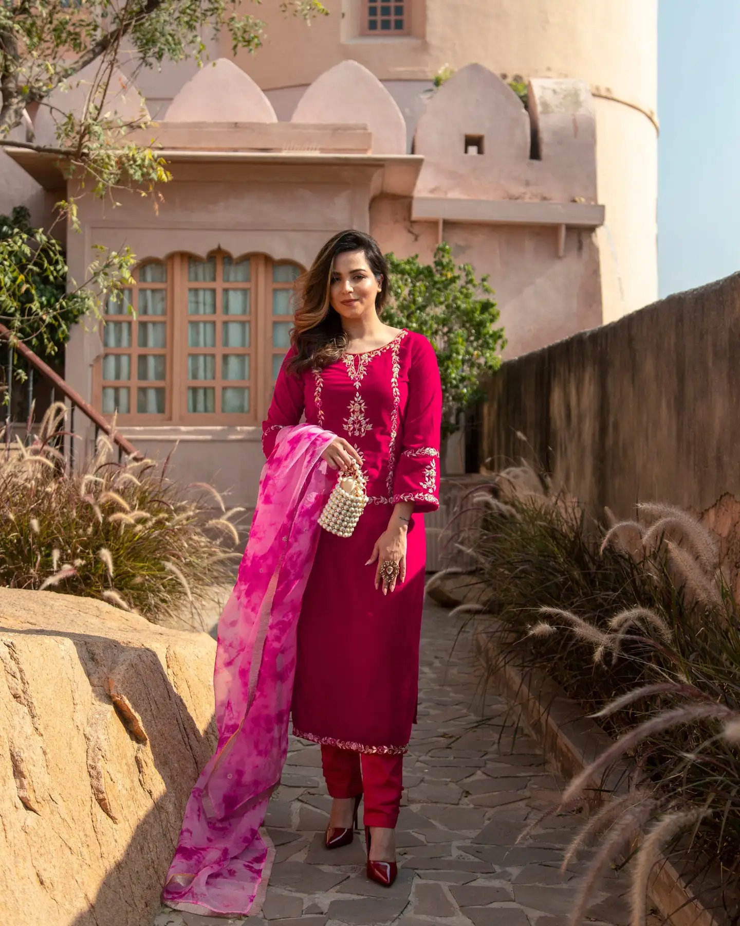 Buy Gorgeous Maroon & Mustard Cotton Bandhani Jacquard Border Salwar suit  design online | Fashion Clothing