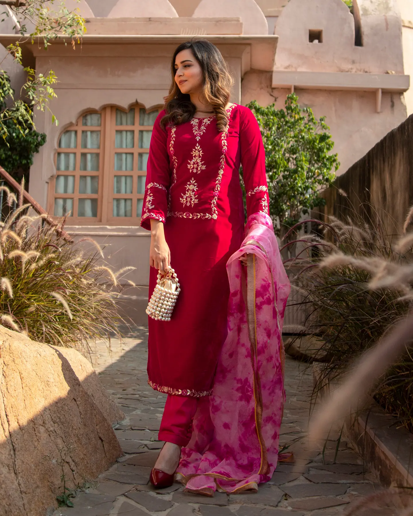 Red Embroidered Georgette Patiala Suit