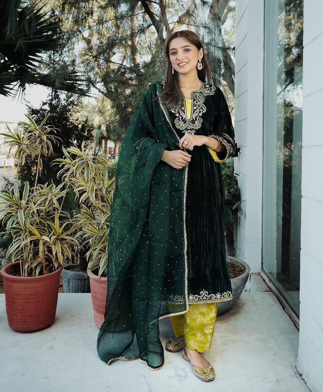GREEN DESIGNER LONG PARTY WEAR SALWAR SUIT IN NET FABRIC SEMI STITCHED -  shreematee - 3989766
