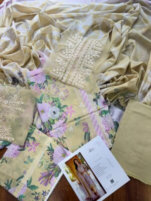 Pakistani Elaf Print Chikankari Cotton Suits | Light Yellow