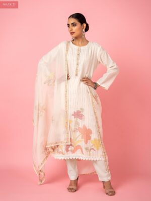 Naariti Barqa Cotton Linen Unstitched Suits for Women | Organza Dupatta