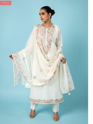 Naariti Aaqib cotton suit material | White pink