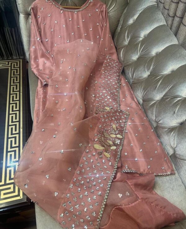 Punjabi silk suit with full handwork on shirt and Dupatta | Peach