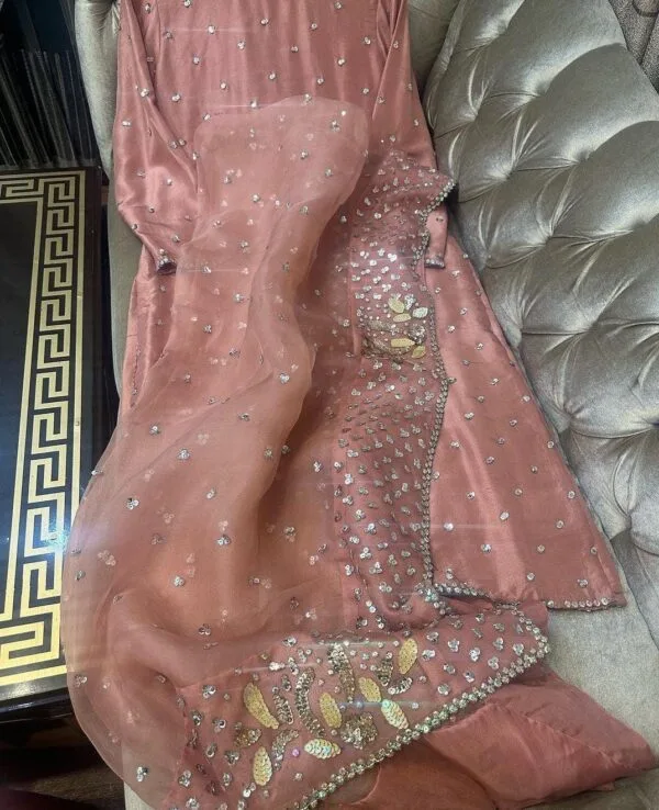 Punjabi silk suit with full handwork on shirt and Dupatta | Peach