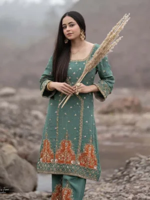 Pink plazo suit with hand embroidery green