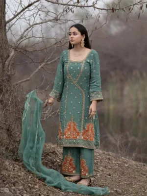 Pink plazo suit with hand embroidery green