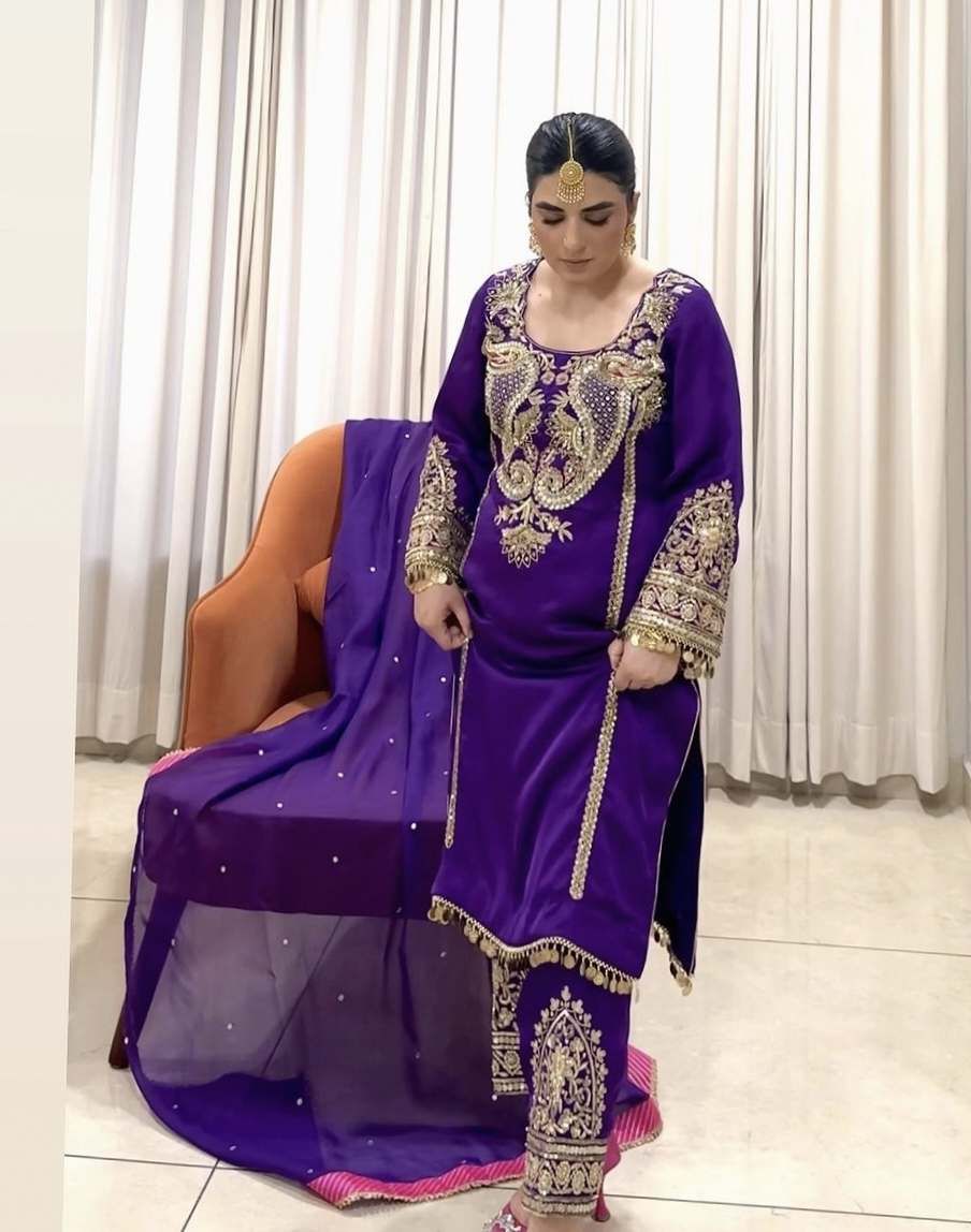 Punjabi salwar suit with hand embroidery purple