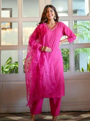 Pure Chickenkari cotton kurta pant set for women pink