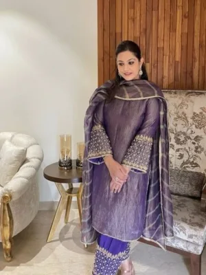 Purple Punjabi suit | Tissue silk suit