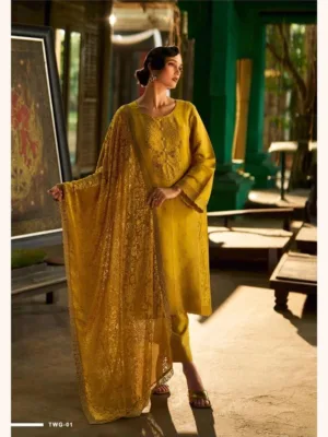 Varsha the woven garden velvet duppata suit set - Yellow
