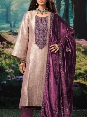 Ibiza Silk suit set with velvet duppta | winter suits - Pink