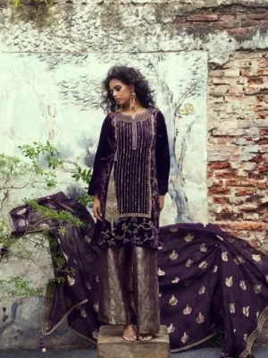 Aiqa Velvora velvet suits for women party wear - Purple