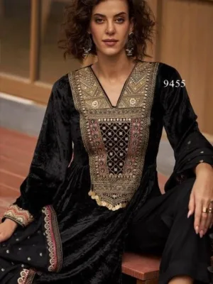 Black velvet suit | Winter party wear suits for ladies | Aiqa Qealiz