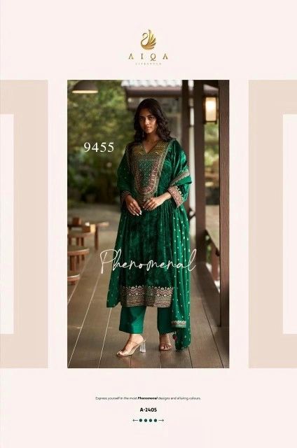 Green velvet suit | Winter party wear suits for ladies | Aiqa Qealiz