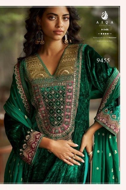 Green velvet suit | Winter party wear suits for ladies | Aiqa Qealiz