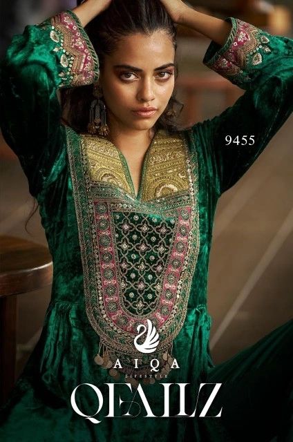 Green velvet suit | Winter party wear suits for ladies | Aiqa Qealiz