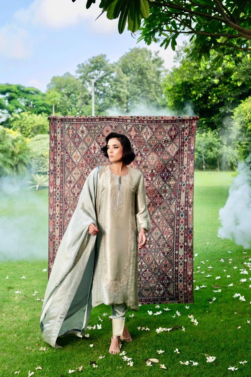 Naariti Khinkhab Light Blue Brocade suit | Winter suits