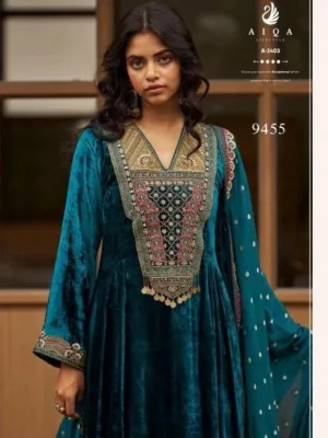 Blue velvet suit | Winter party wear suits for ladies | Aiqa Qealiz