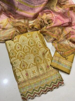 Jay vijay festive party wear silk suit for women - Yellow